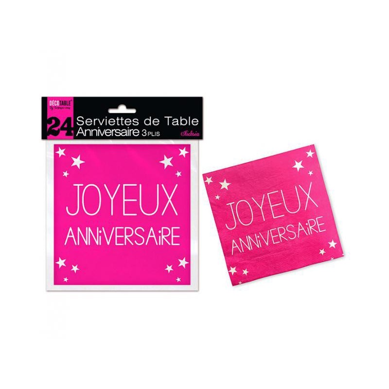 24 Serviettes De Table Joyeux Anniversaire Rose Fuchsia Coti Jouets Accessoires De Fetes Et Decoartion A Themes